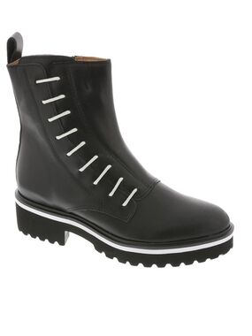 ALL BLACK-Black Leather Women's Ankle Boot with White Accent